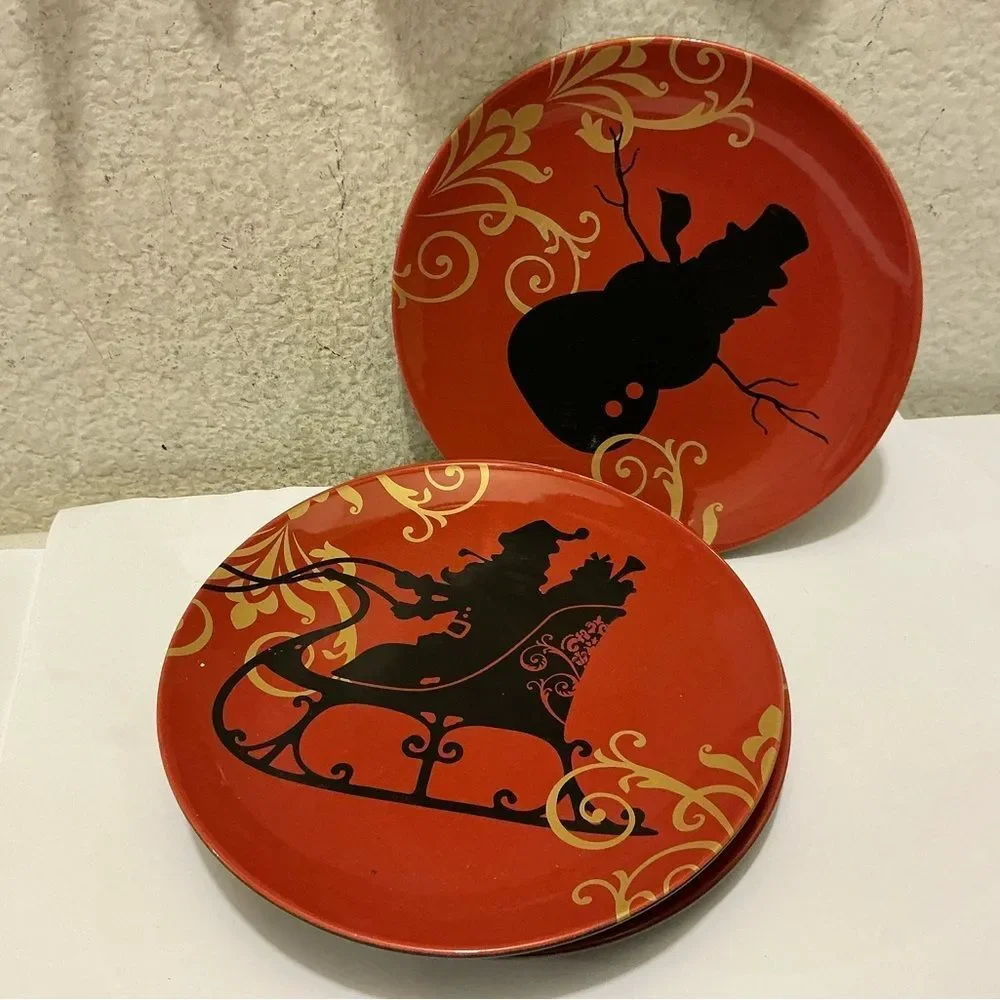 4 noble excellence piece Gold Scroll Black Stoneware Plate